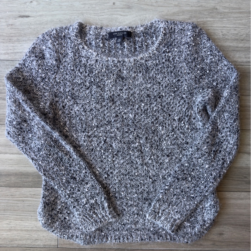 Ann Taylor Petite Textured Gray White Speckle Knit Sweater Size Small